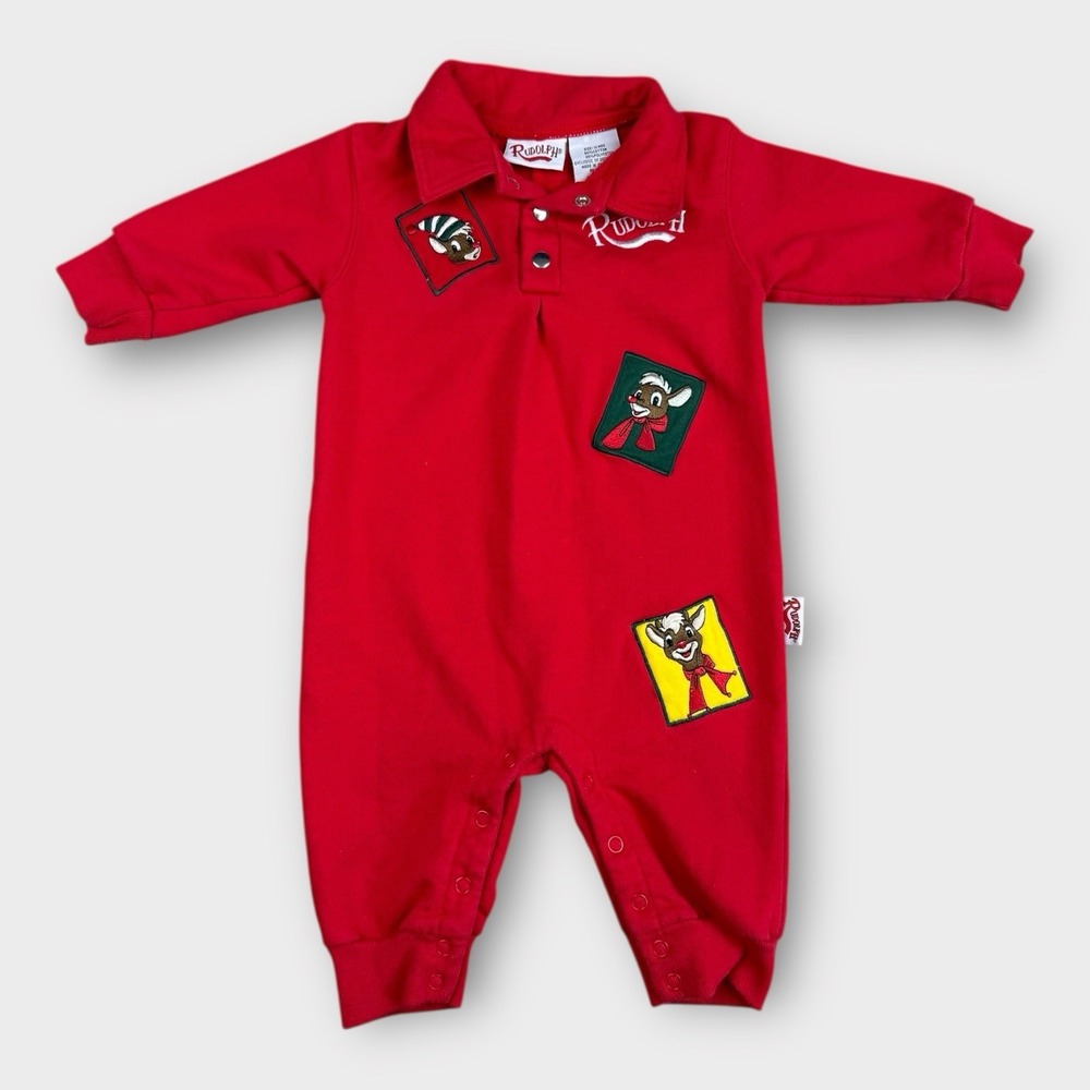 Vintage 1999 Rudolph The Red-Nosed Reindeer Red Fleece Romper 12 Months Kids